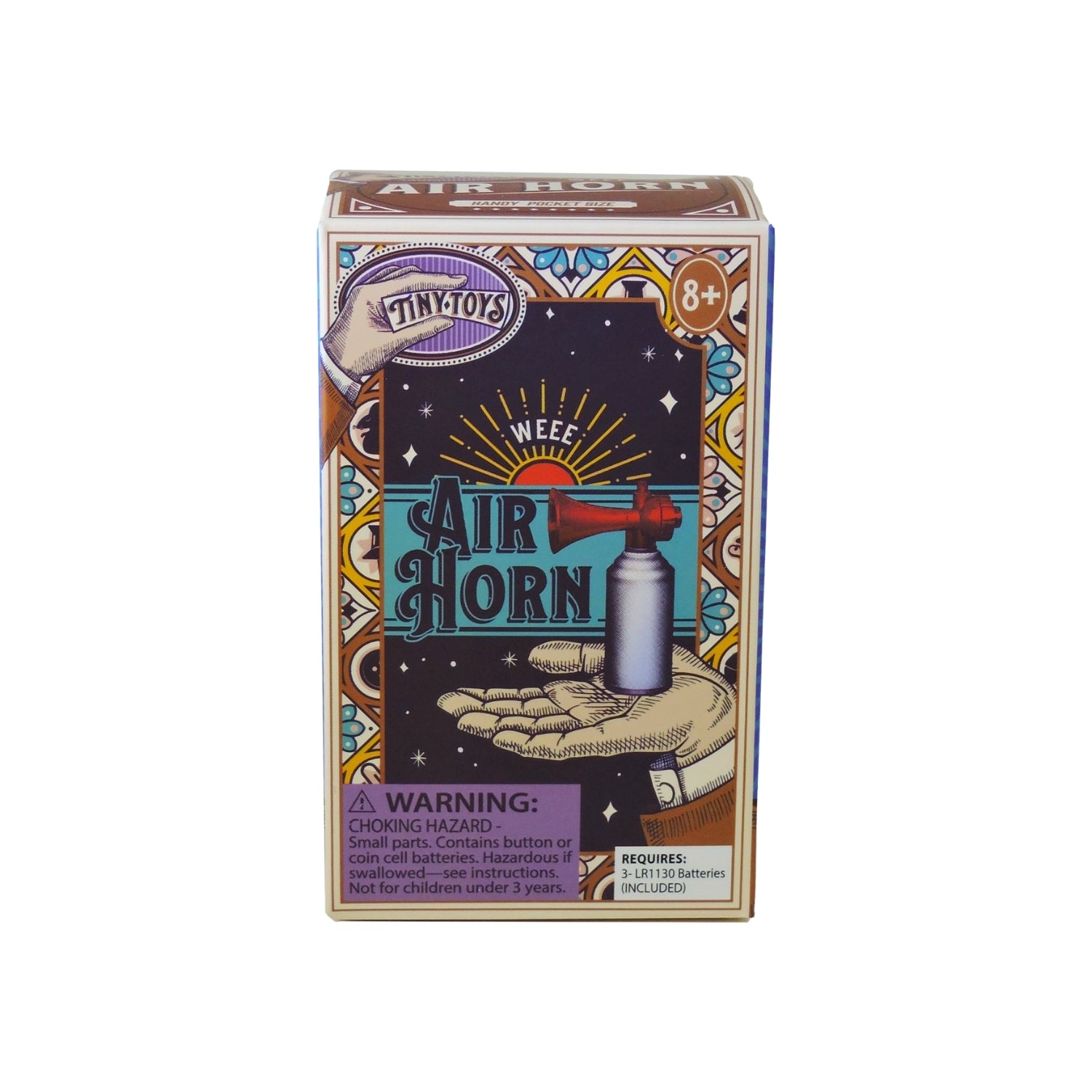 Box of Weee Air Horn with colorful design and warning label on a white background