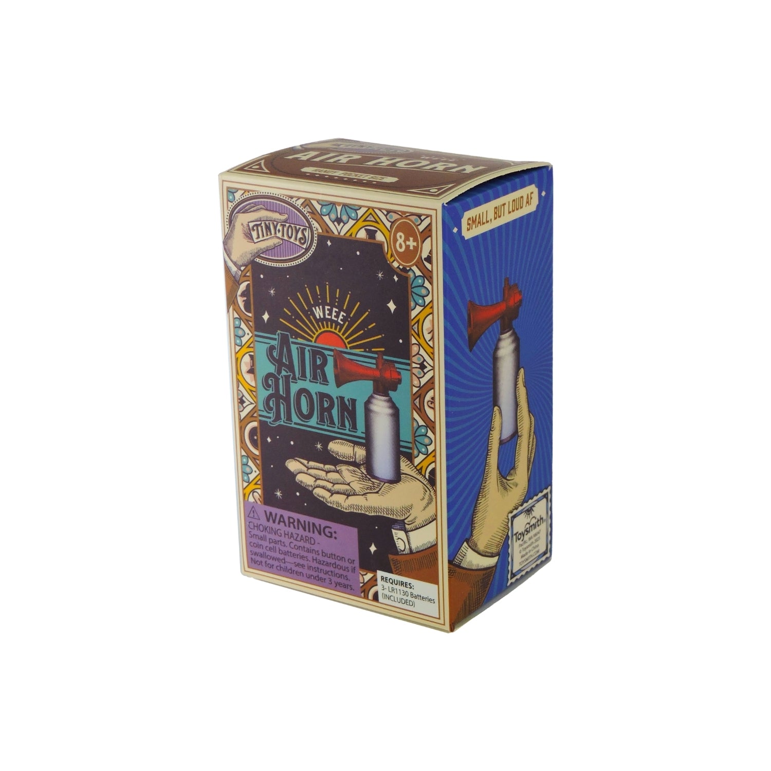 Box of a toy fire horn with colorful design on a white background