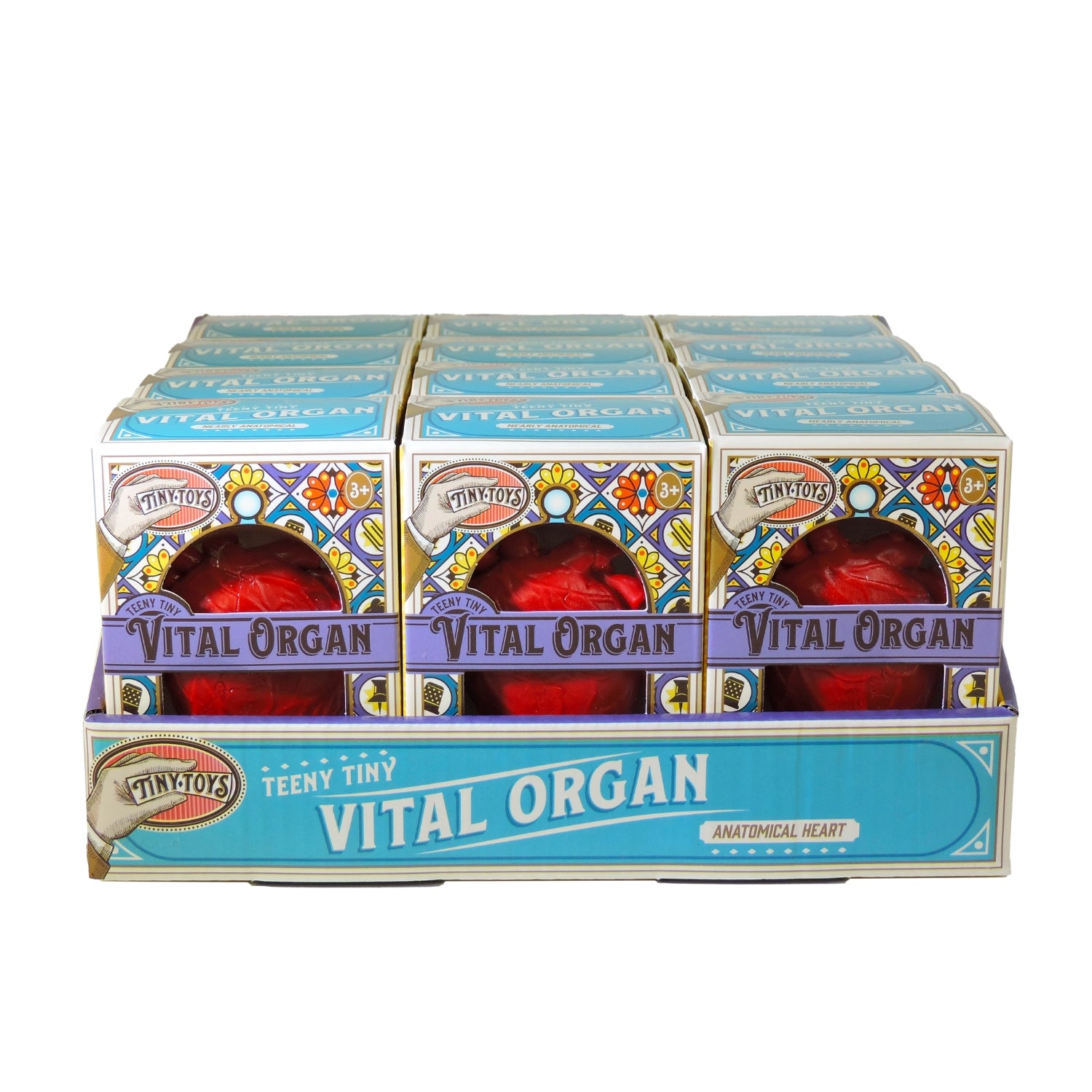 A display box contains several Teeny Tiny Vital Organ packages, each featuring a stress-relief toy shaped like an anatomically correct heart in vibrant, eye-catching packaging with decorative patterns.