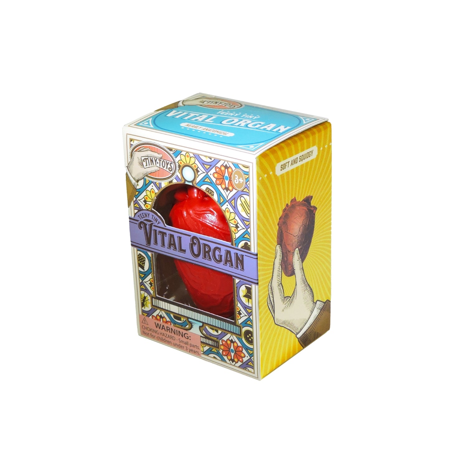 Packaged in a vintage-style, colorful box labeled "Teeny Tiny Vital Organ," this unique fidget toy features an anatomically correct heart visible inside and an illustration of a hand holding the heart, making it a fun stress-relief item.
