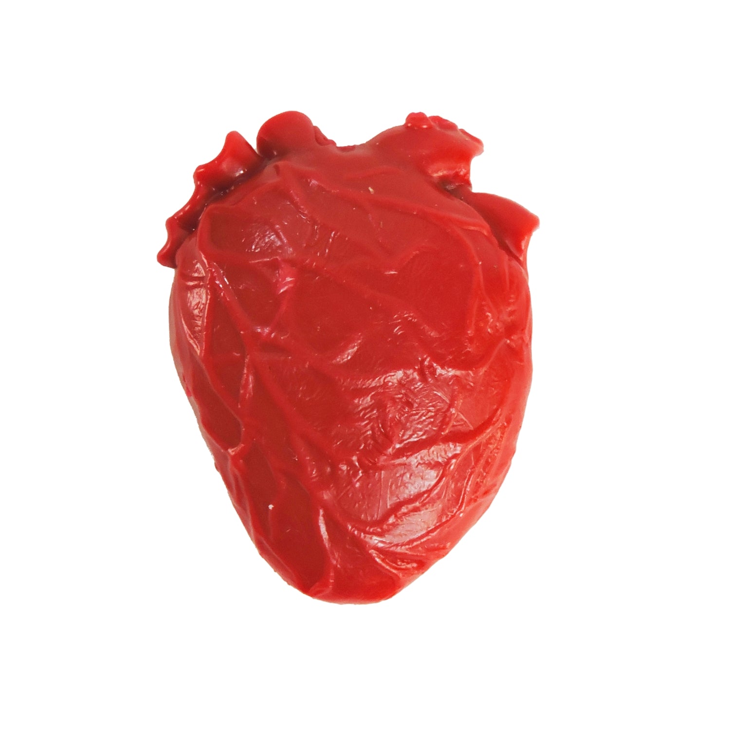 A Teeny Tiny Vital Organ is a red, anatomically correct heart-shaped wax coating, like those found on mini cheese wheels, isolated on a white background.