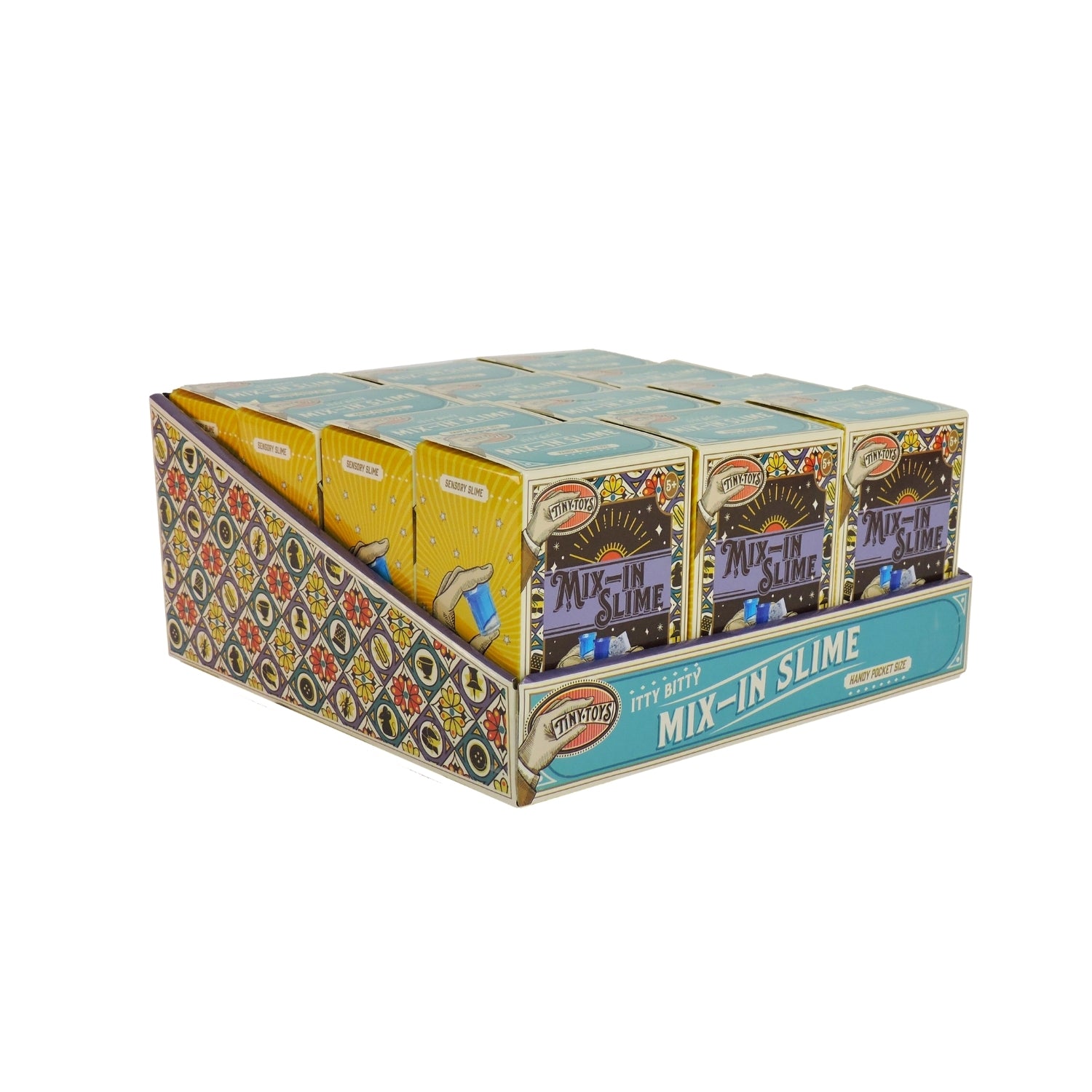 Display box of 'Mix-In Slime' with colorful packaging on a white background