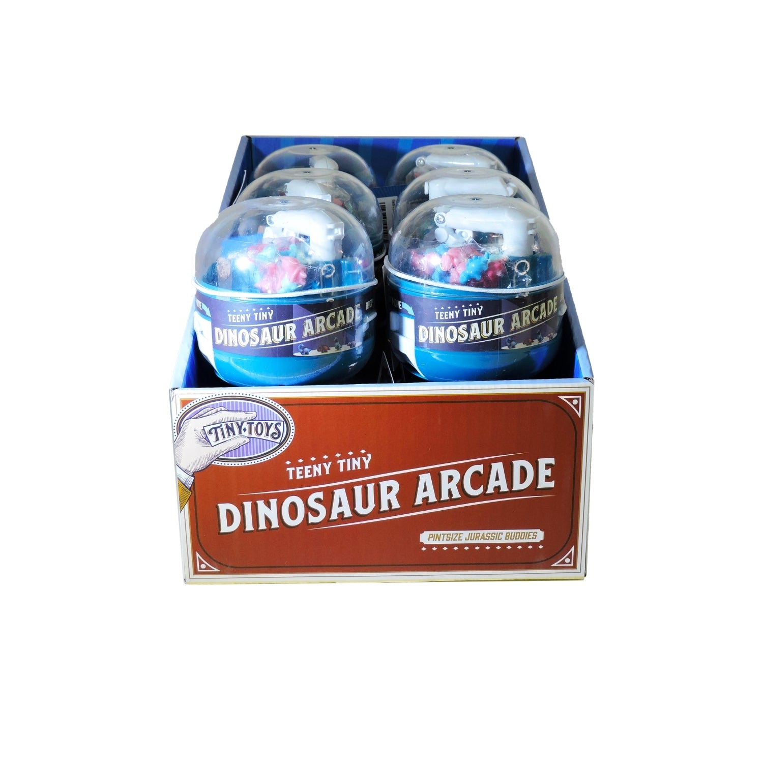 Box of 'Dinosaur Arcade' toys with a red label on a white background
