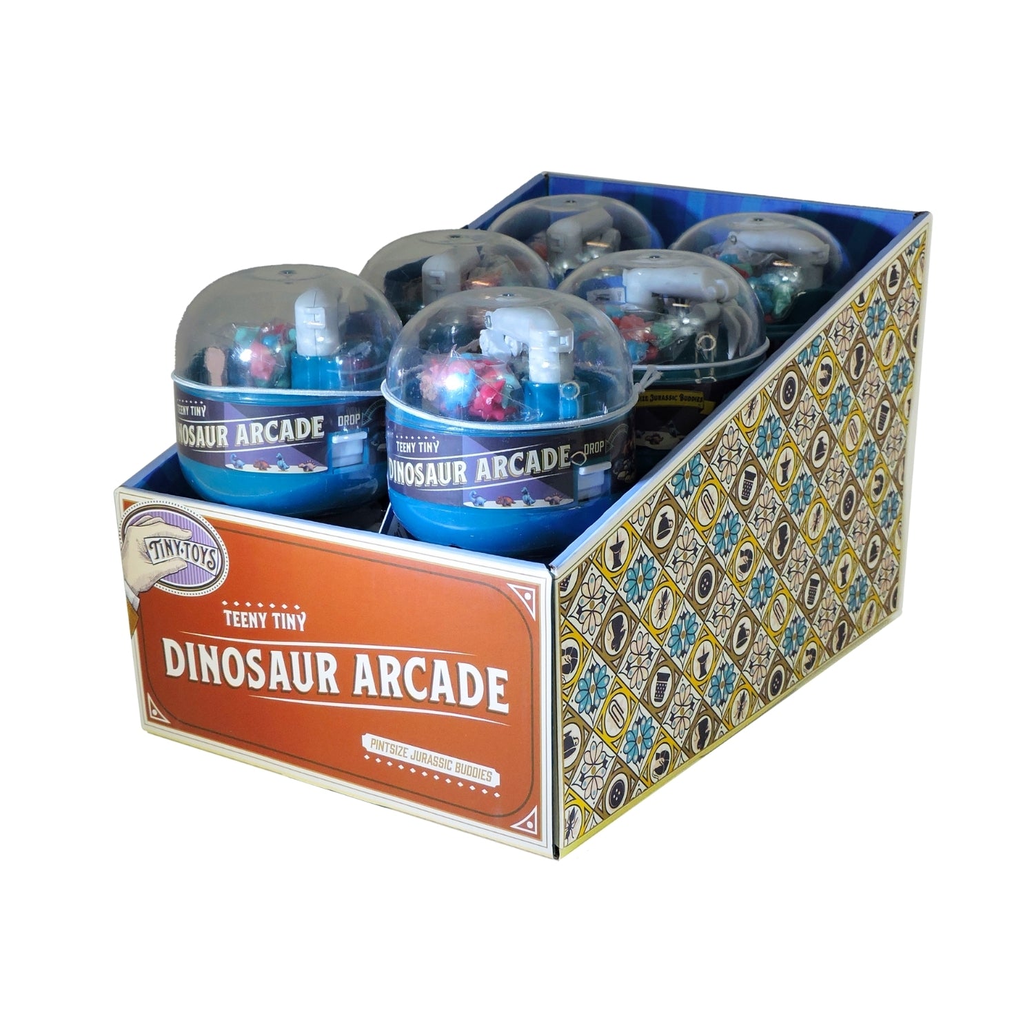 Display box of 'Dinosaur Arcade' toys with clear domes on a white background