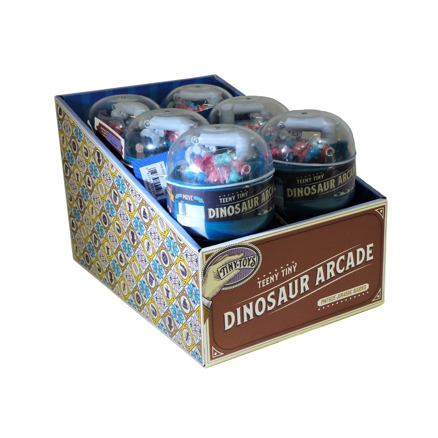 Display box of 'Teeny Tiny Dinosaur Arcade' toys with clear containers on a white background.