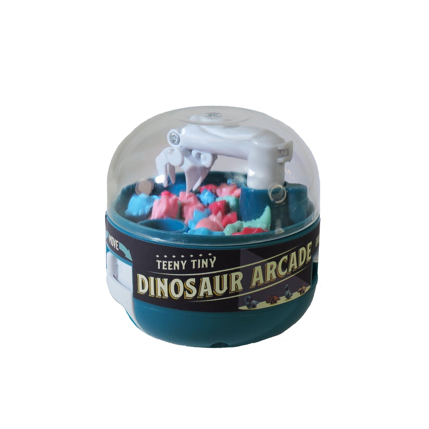 Dinosaur-themed toy set in a clear dome packaging with 'Teeny Tiny Dinosaur Arcade' label.