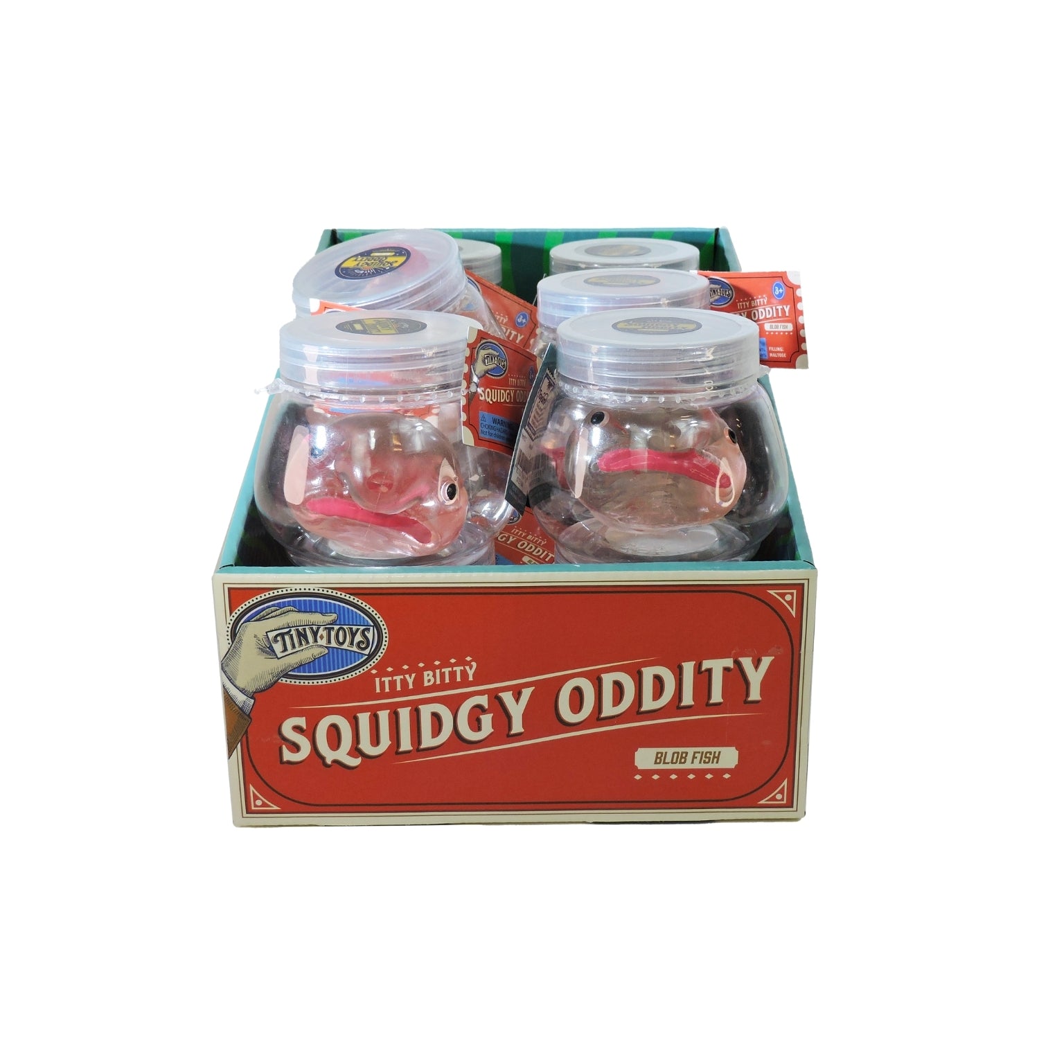 Box of Squidgy Oddity toy with clear containers and red label on a white background