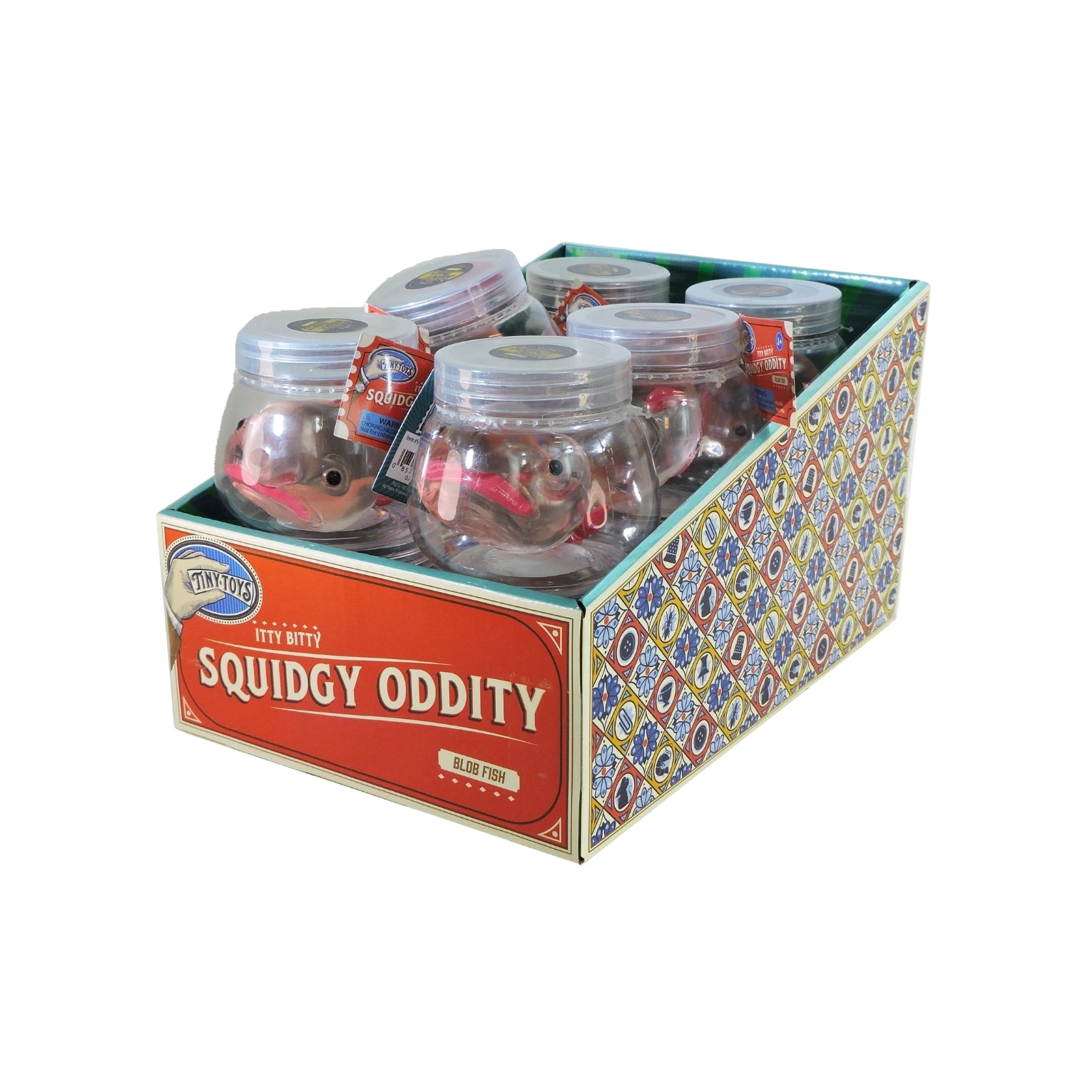 Box of Squidgy Oddity toys with clear containers on a white background