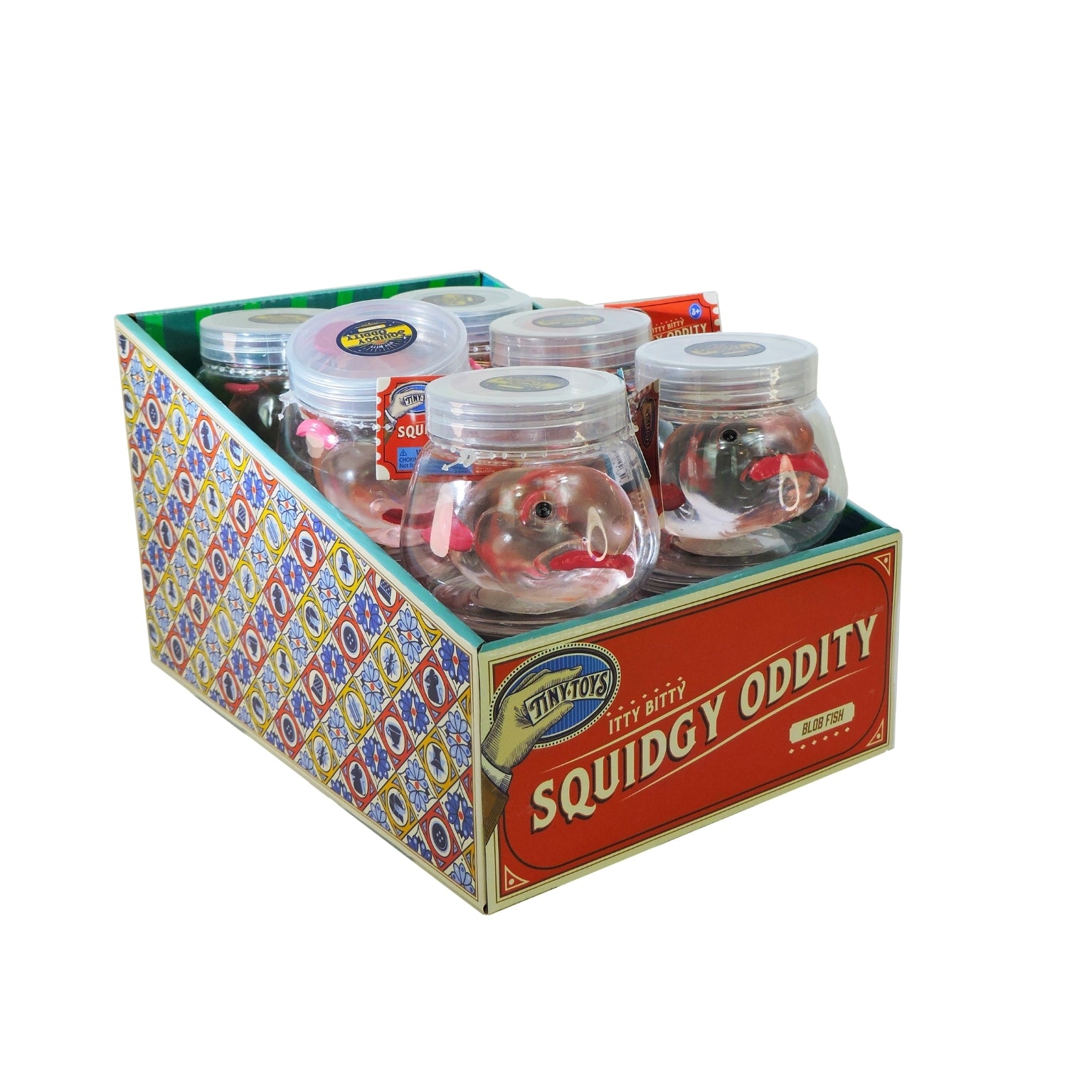 Box of 'Squidgy Oddity' toys with clear containers on a white background