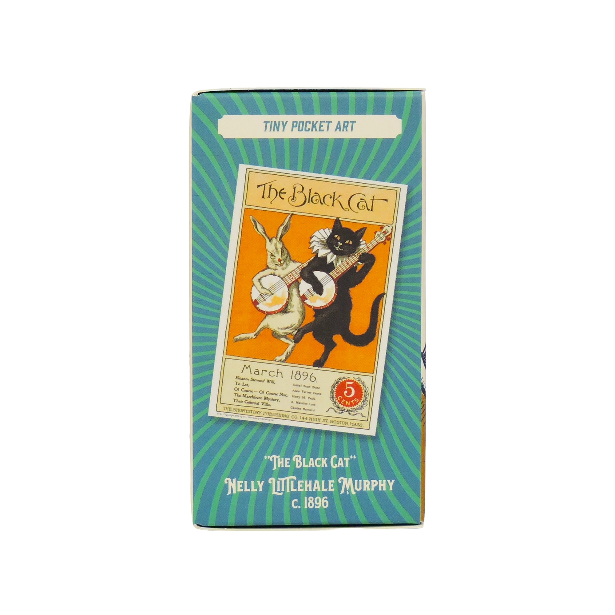 The Tiny Toys Itty Bitty Petite Puzzles by Tiny Toys features vintage art of a rabbit and black cat playing banjos, The Black Cat by Nelly Littlehale Murphy (c. 1896), on a blue-green striped box—ideal for mini puzzle fans.