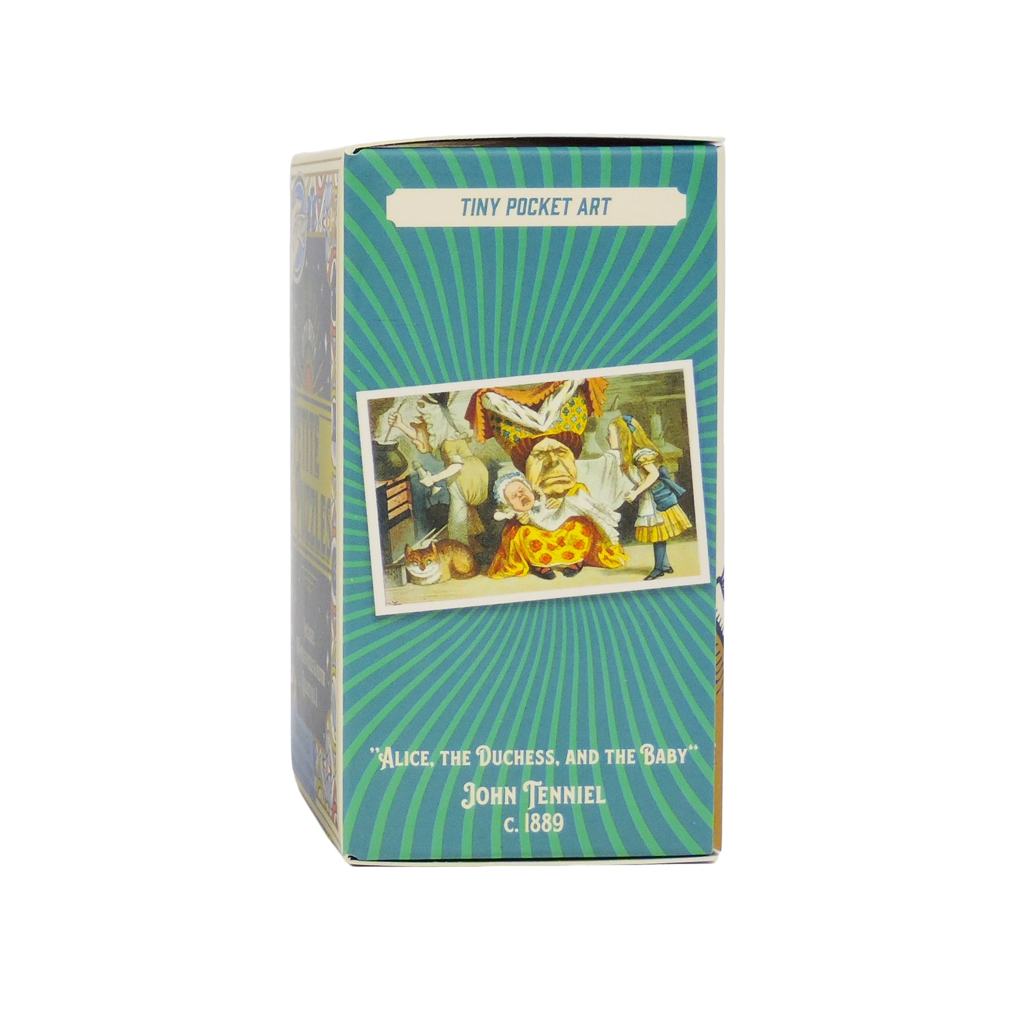 Tiny Toys Itty Bitty Petite Puzzles by Tiny Toys features John Tenniel’s 1889 Alice in Wonderland illustration on a blue-green striped box—perfect for fans of charming 150-piece compact puzzles.