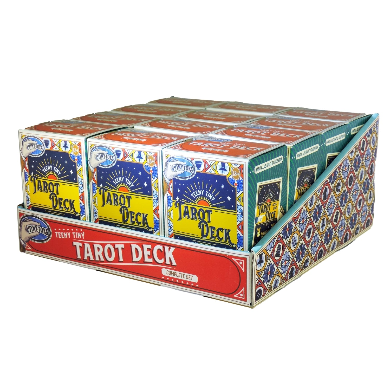Display of Tiny Tarot Deck boxes with colorful packaging on a white background