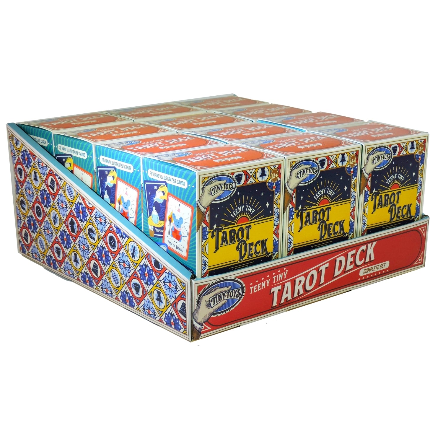 Box of Tarot Decks with colorful packaging on a white background
