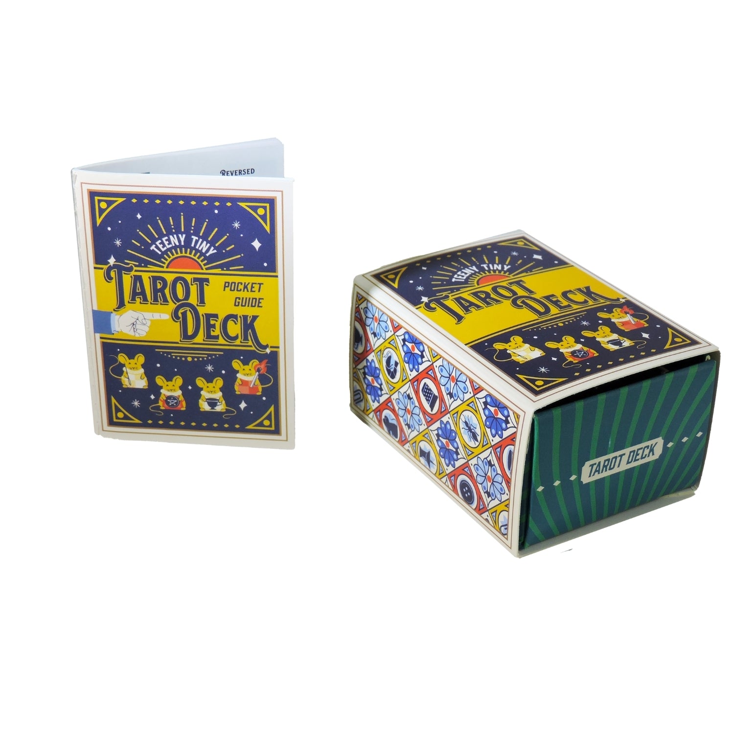 Tarot deck packaging with colorful design on a white background