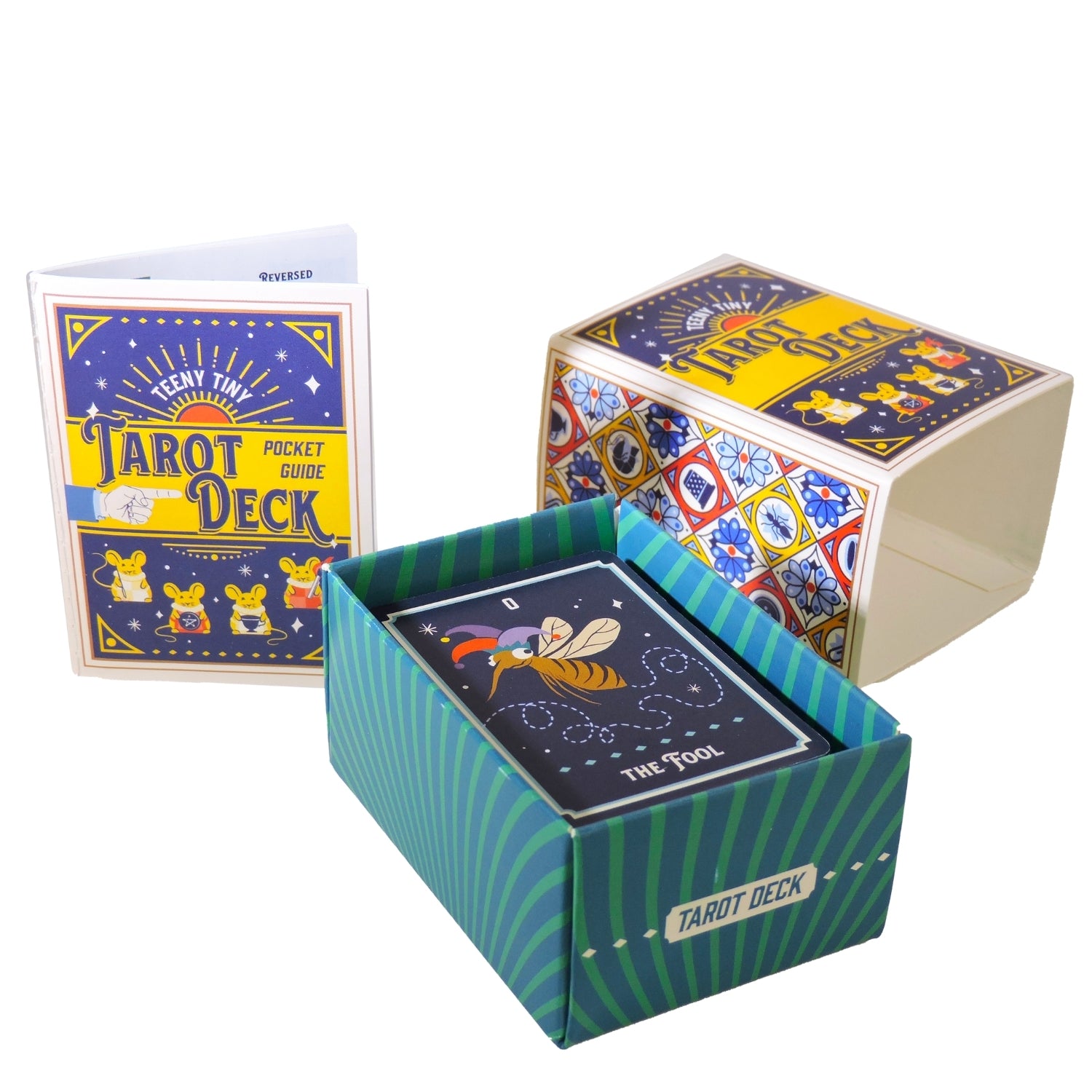 Tarot deck with colorful packaging and cards displayed on a white background