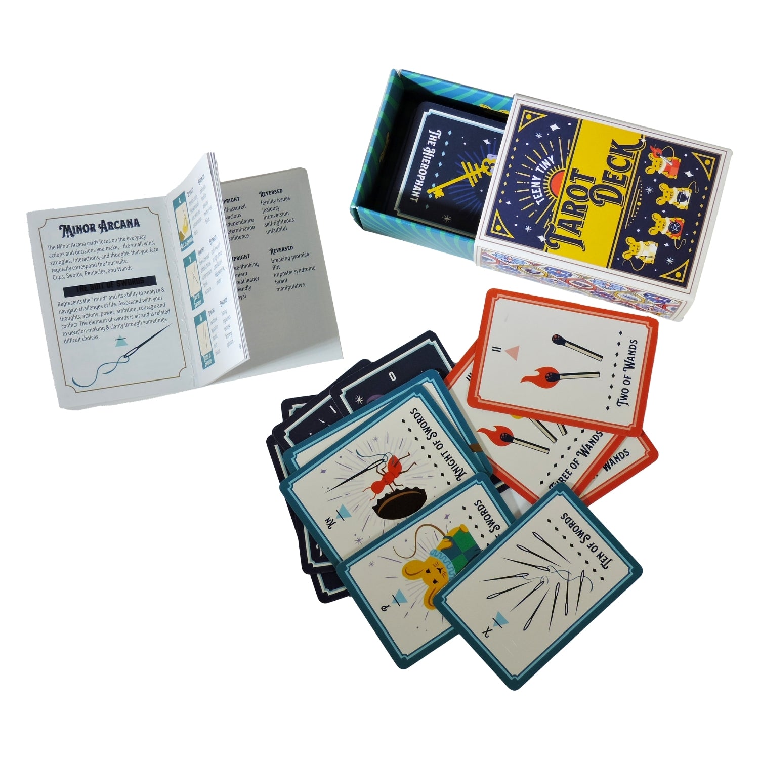 Tarot cards with colorful designs and text on a white background