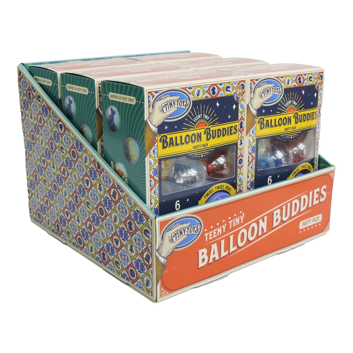 Display box for Tiny Toys Balloon Buddies toys with colorful packaging.