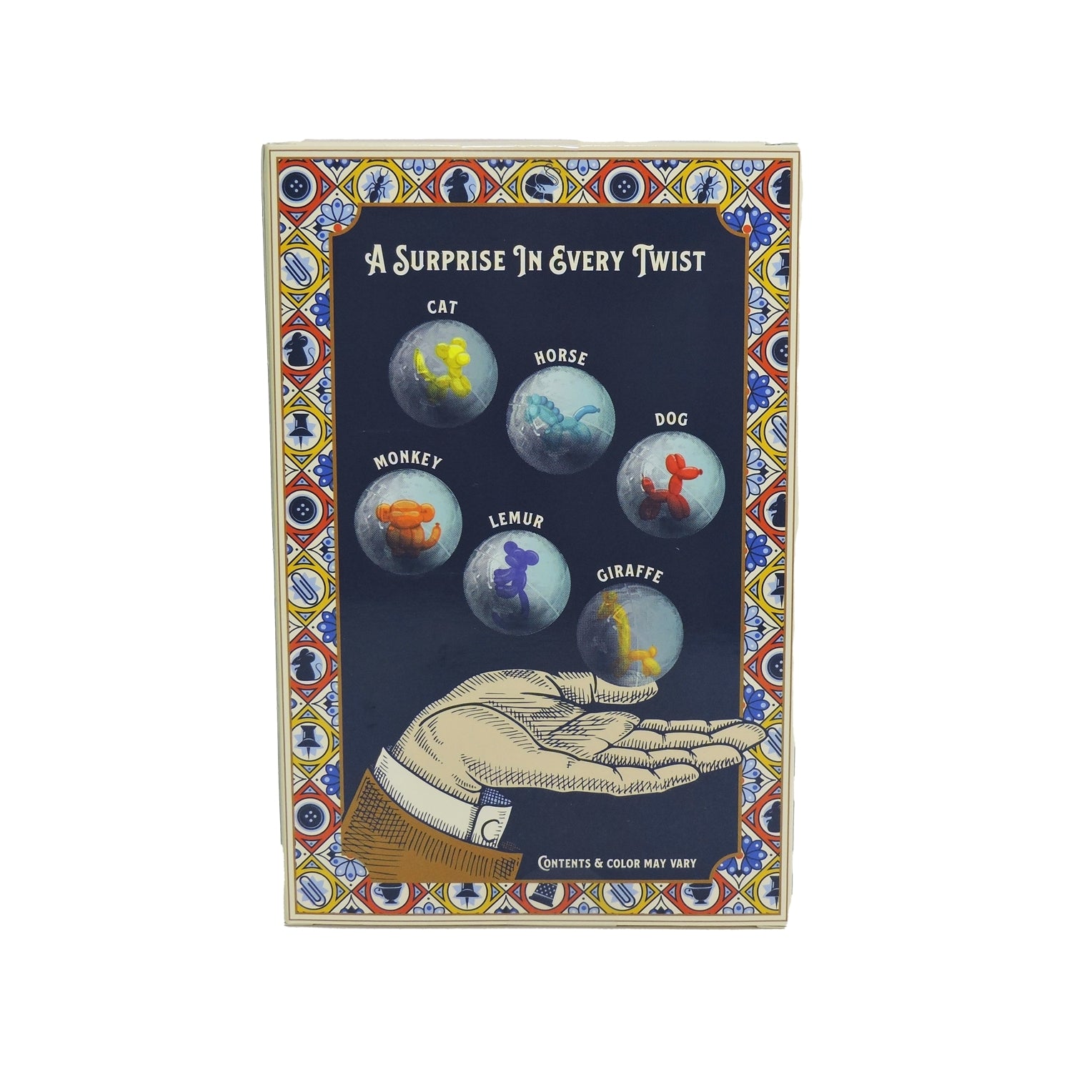 Decorative box with illustrations of animals and text 'A Surprise In Every Twist' on a blue background.