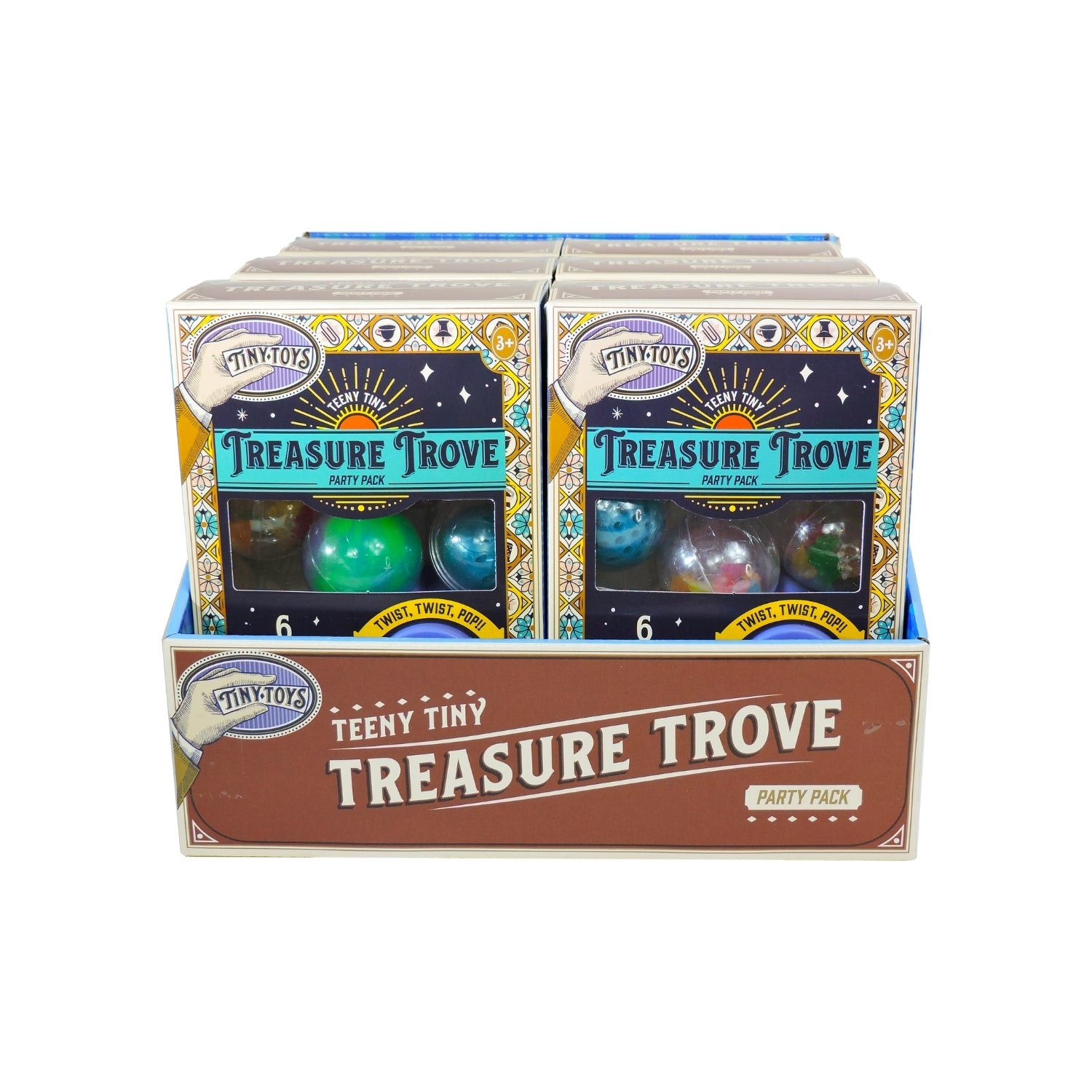 Display of Teeny Tiny Treasure Trove party packs with colorful packaging on a white background.