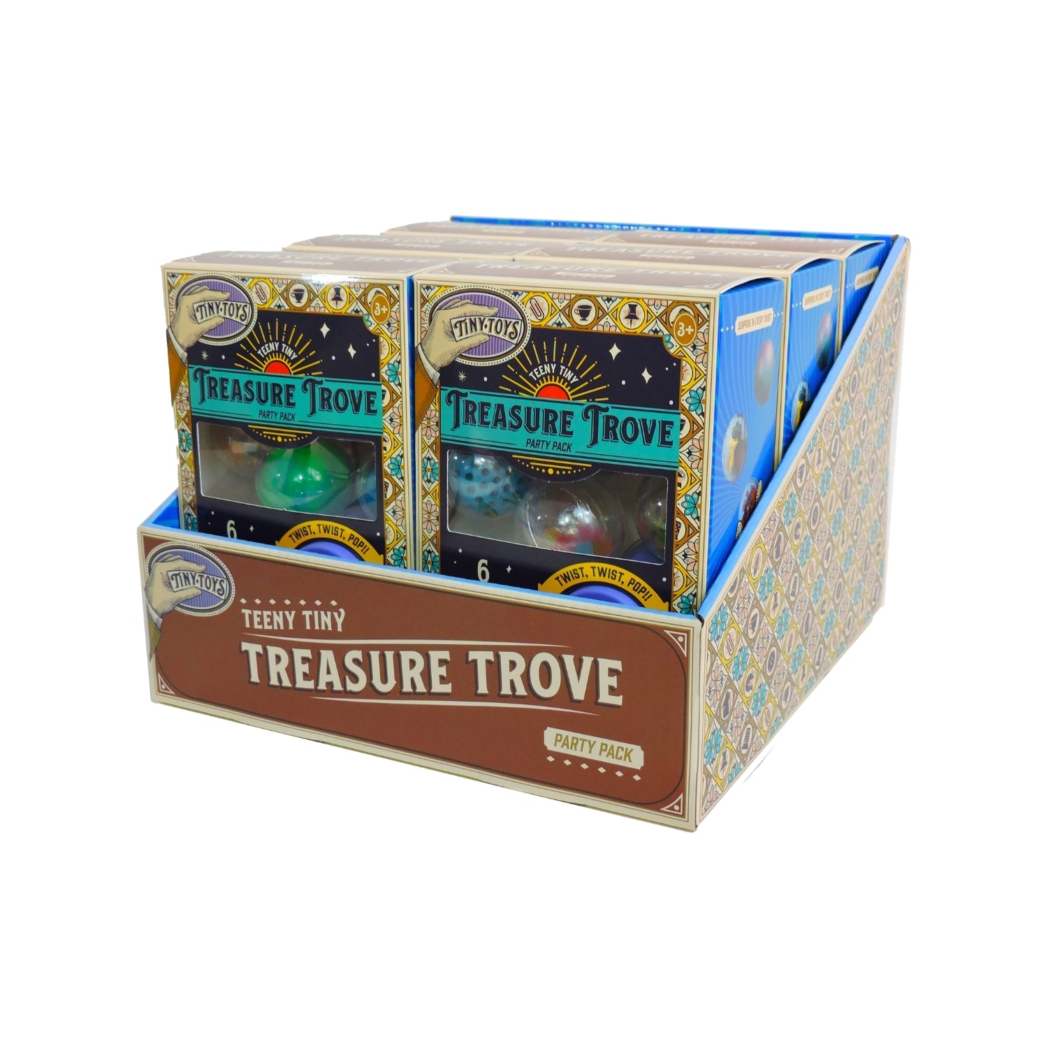 Display box for 'Treasure Trove' party pack with multiple packages inside.