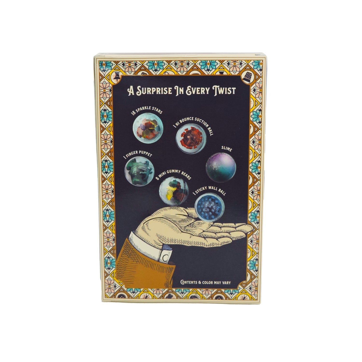 Box with illustration of a hand holding three spherical objects against a white background