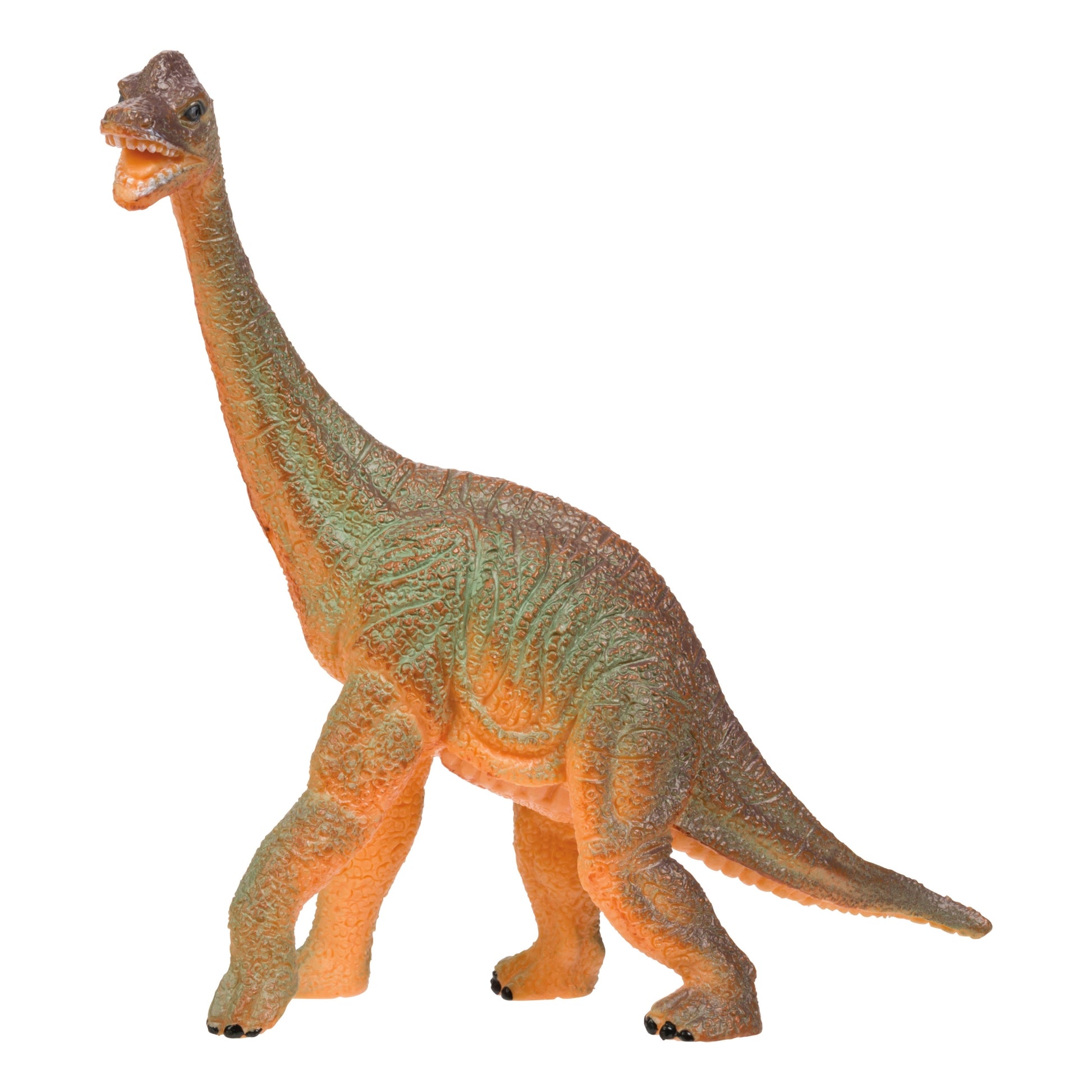 The Toysmith Classic Dinosaur Figure by Toysmith features a plastic dinosaur with a long neck and tail, orange body with green shading, standing on four legs and facing slightly left.