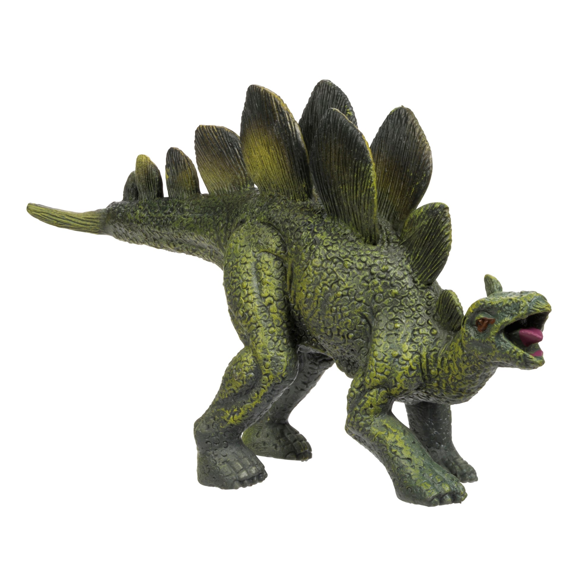 The Toysmith Classic Dinosaur Figure by Toysmith is a plastic green stegosaurus toy with textured skin, large back plates, and an open mouth, displayed against a white background.
