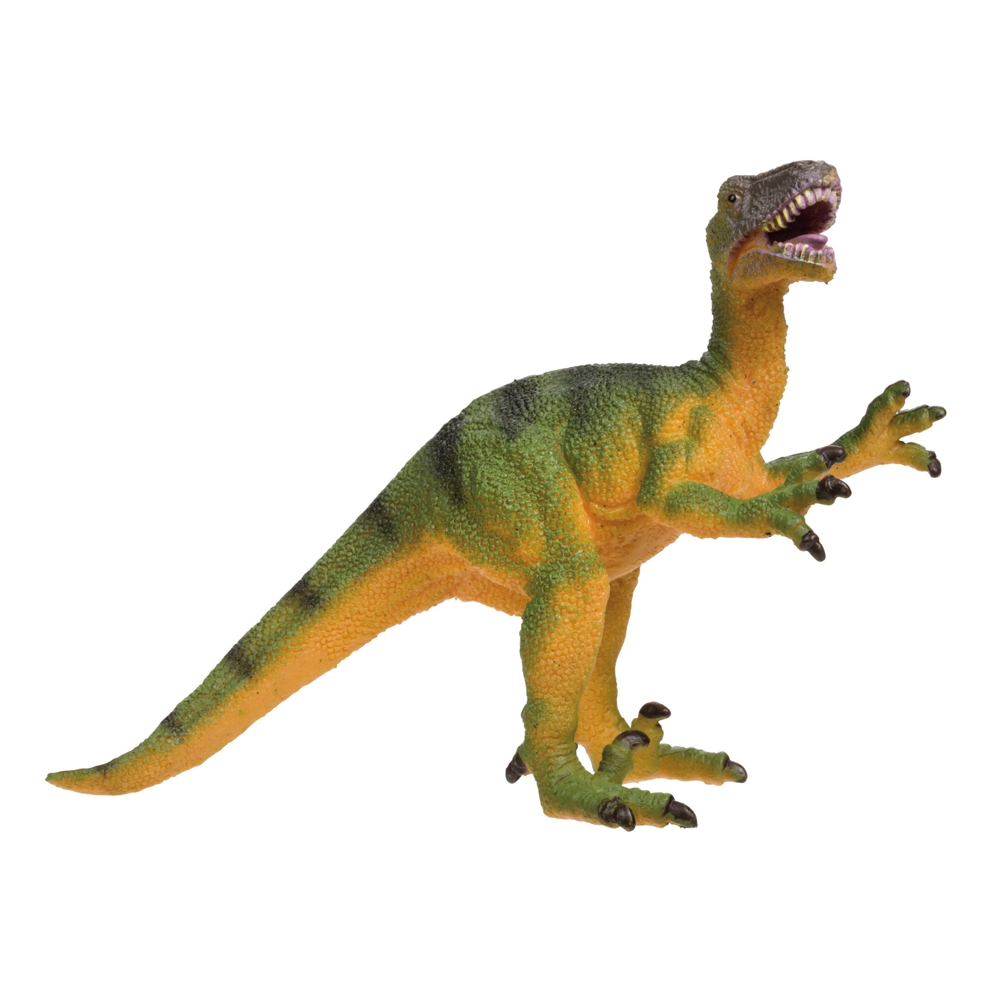 The Toysmith Classic Dinosaur Figure by Toysmith is a green and yellow plastic toy featuring an open mouth, sharp teeth, raised arms, and stands on two legs with its tail extended back.