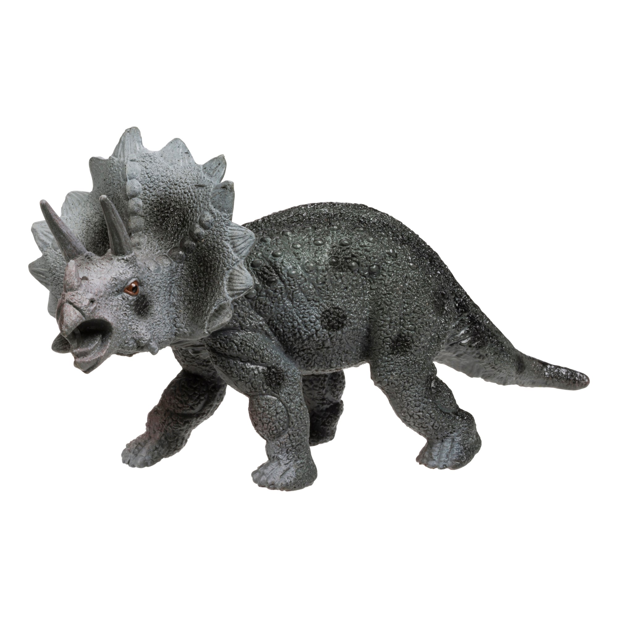 The Toysmith Classic Dinosaur Figure by Toysmith is a gray plastic Triceratops toy with three facial horns and a large frilled crest, standing on all fours, shown against a white background.
