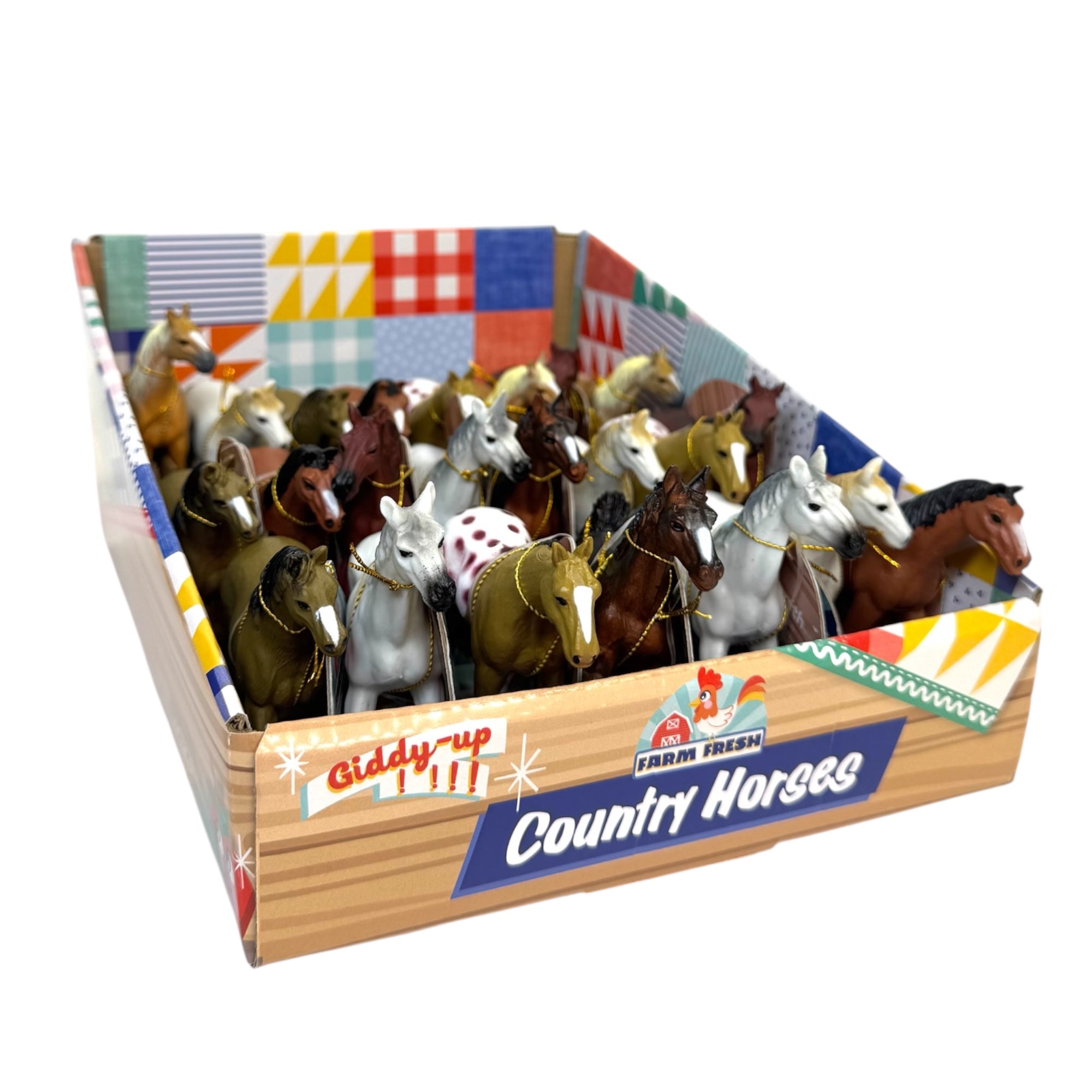 The Farm Fresh display box labeled "Farm Fresh Country Horses" includes several small, colorful horse figures arranged in rows. The farm-themed packaging is ideal for imaginative play and adding to farm animal toy collections.