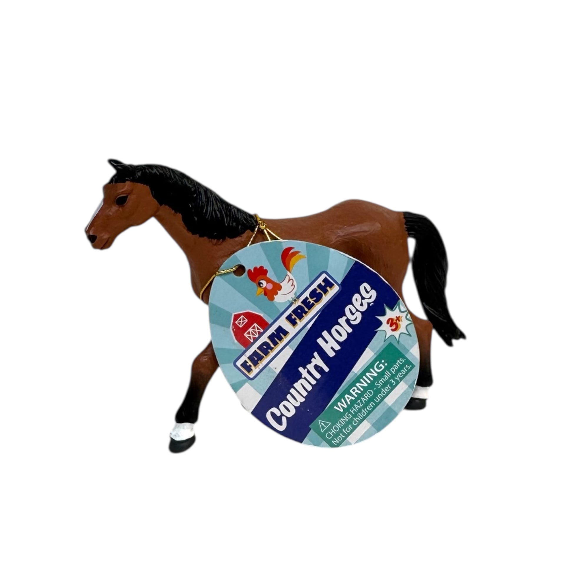 A brown toy horse with a black mane and tail features a round blue-and-white Farm Fresh Country Horses tag, making it a great addition to any farm animal toy collection or imaginative play. Brand: Farm Fresh. Warning: choking hazard.