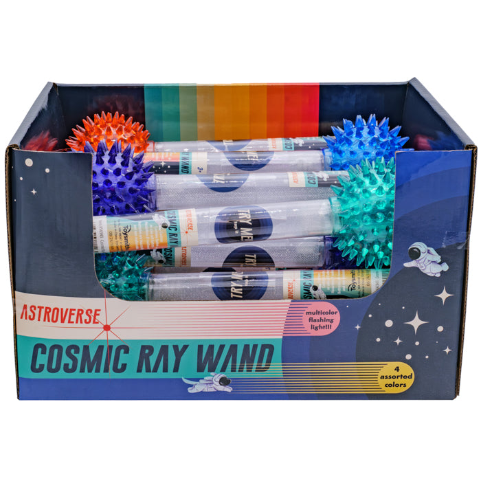 The Astroverse display box holds several Astroverse Cosmic Ray Light-Up Wands with spiky ends in blue, green, red, and pink. Each wand features multicolor flashing lights—perfect as a party favor for kids and cosmic fun!.