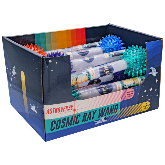 The Astroverse Cosmic Ray Light-Up Wand by Astroverse comes in blue, green, orange, and purple, packed together in a space-themed box—ideal for party favors!.