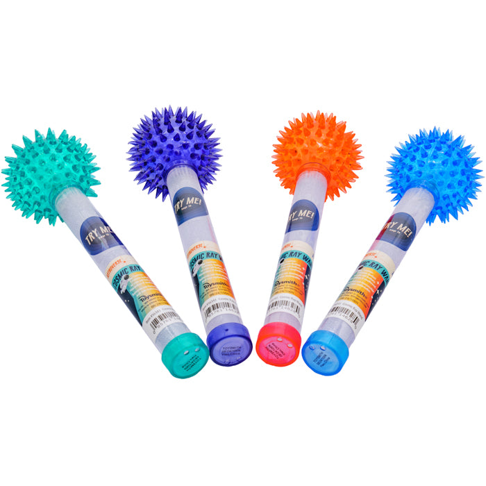 Four Astroverse Cosmic Ray Light-Up Wands by Astroverse, each with a colored spiky massage ball—green, purple, orange, and blue—are arranged fan-like on a white background, resembling festive party favors.