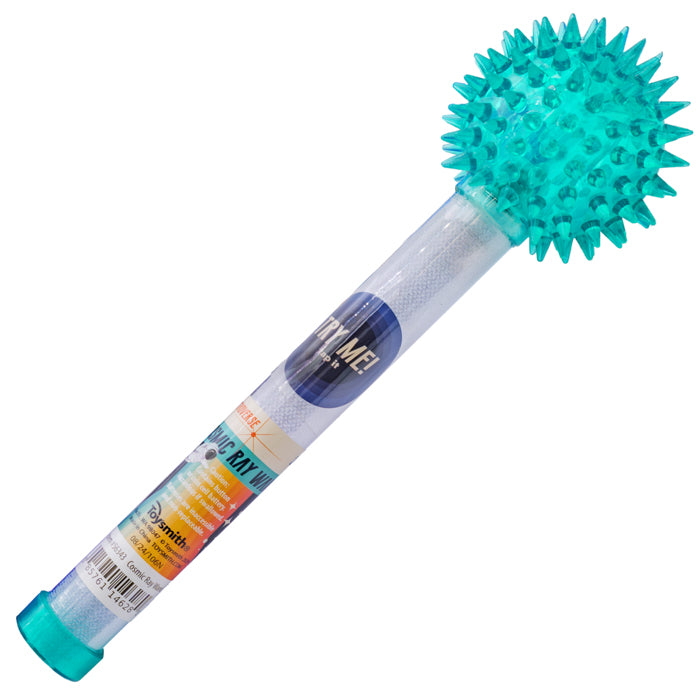 The Astroverse Cosmic Ray Light-Up Wand by Astroverse features a long clear tube with a teal spiky ball on one end, plus a label and barcode—making it a fun sensory toy or novelty party favor.