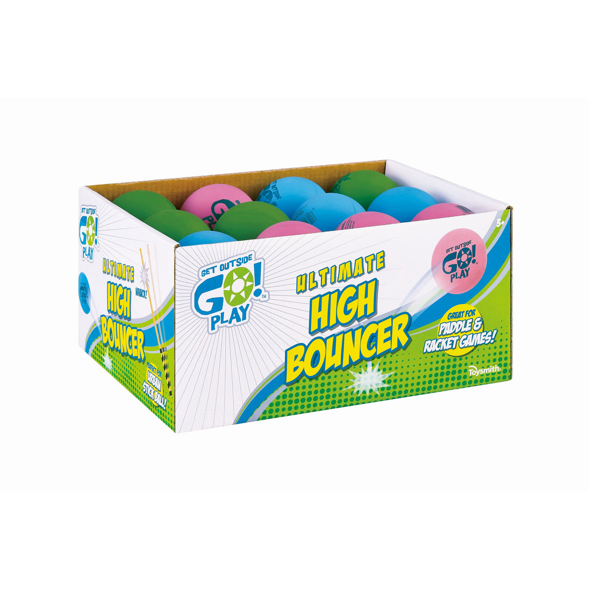 A box labeled GO! Play Ultimate High Bouncer by GO! Play contains colorful rubber balls. The bright packaging in green, blue, and yellow emphasizes maximum bounce for paddle, racket, and outdoor games.