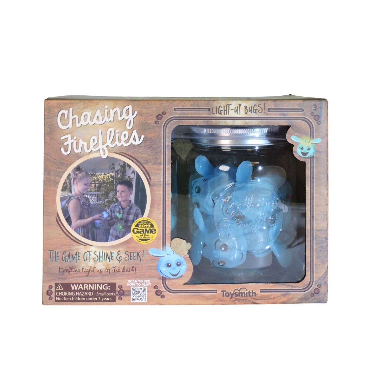 Toy packaging for 'Chasing Fireflies' game with blue light-up toy inside.