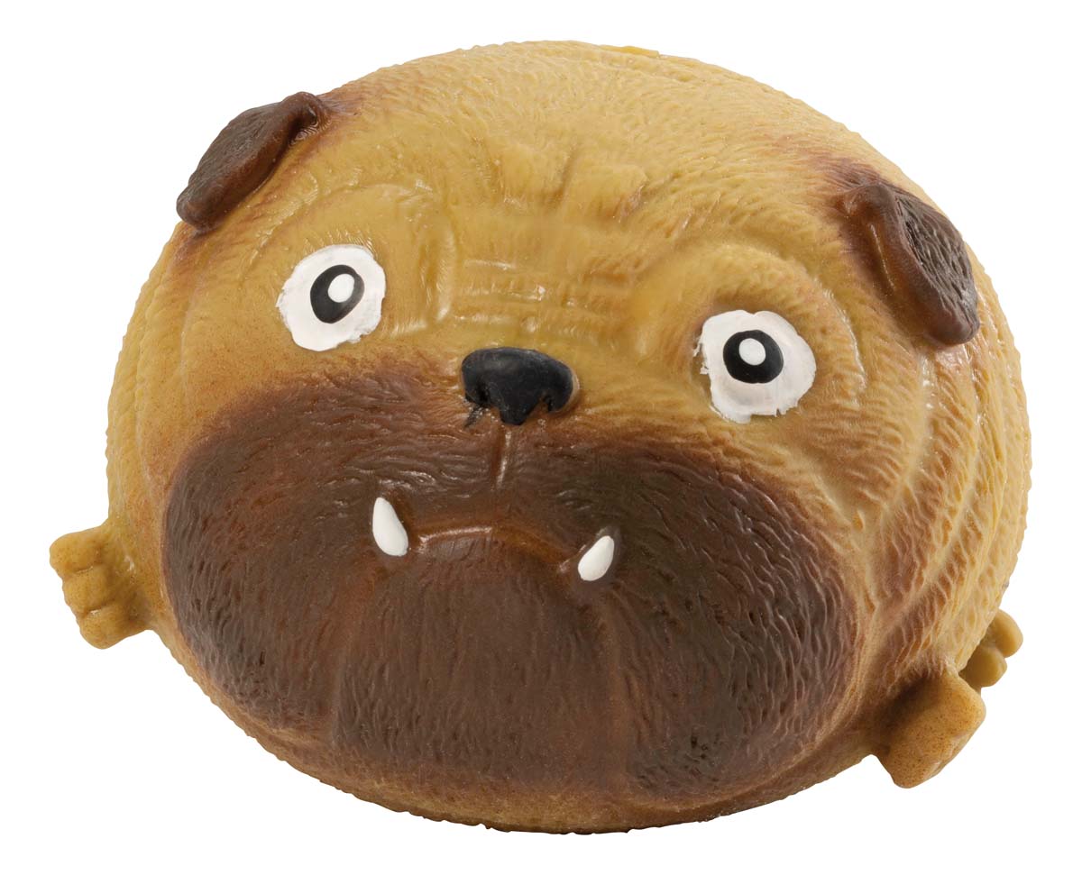 The Farm Fresh Toysmith Skwishy Pet Dogs toy is a round, brown pug-inspired dog with big white eyes, small ears, and two white fangs—ideal for sensory play and stress relief.