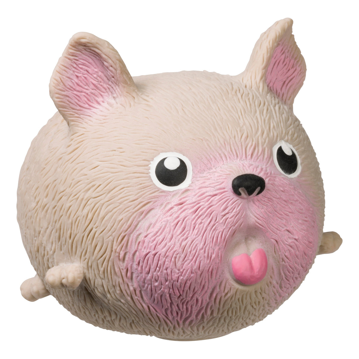 The Farm Fresh Toysmith Skwishy Pet Dog features textured beige and pink fur, big cartoon eyes, a black nose, pointed ears, small legs, and a tongue out—perfect for sensory play and stress relief.
