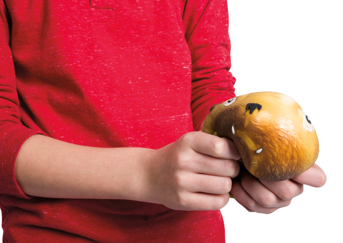Wearing a red long-sleeve shirt, someone squeezes a Toysmith Skwishy Pet Dog by Farm Fresh—a squishy, brown, animal-shaped stress-relief toy with cartoon eyes and teeth—perfect for sensory play against a clean white background.