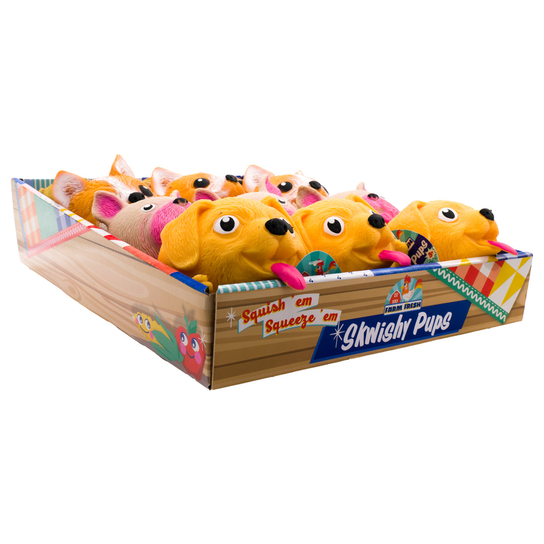 A display box of Farm Fresh Toysmith Skwishy Pet Dogs—soft, colorful, big-eyed orange or pink pups, arranged in rows—great for stress relief and sensory play.