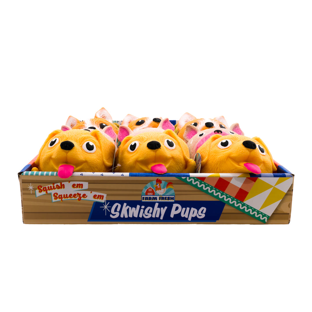 The Farm Fresh Toysmith Skwishy Pet Dogs display box includes 6 squishy pups with big eyes, floppy ears, and pink tongues. “Squash em Squeeze em” packaging makes them ideal for stress-relief or sensory play.