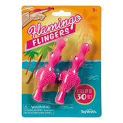 Two Flamingo Flingers from Toysmith are packaged on a vibrant beach-themed card. These fun toys can fly up to 30 feet and are ideal for kids ages 5 and up.