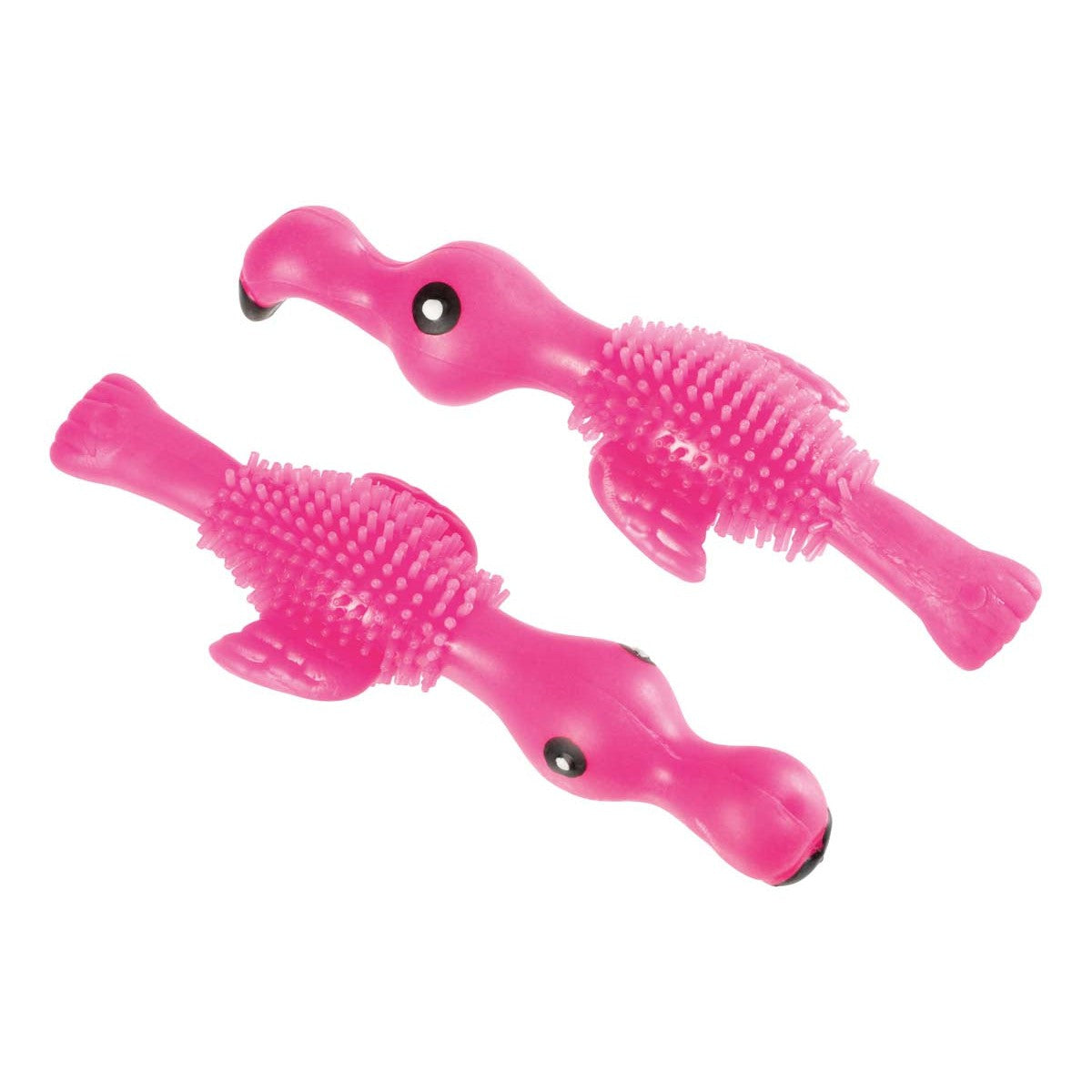 Two Toysmith Flamingo Flingers, pink rubber bird-shaped toys with textured bumps and black eyes, lie side by side on a white background.