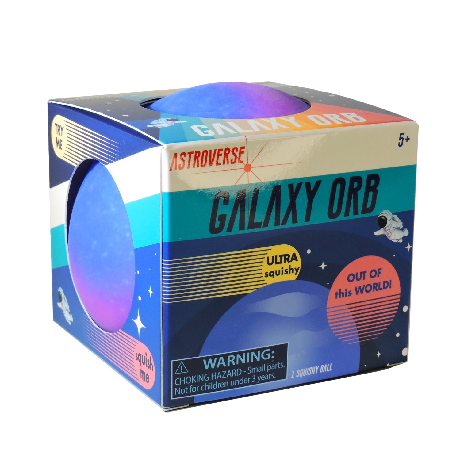 The Astroverse Galaxy Orb by Astroverse comes in a colorful, space-themed box with planets and stars. Labeled "Ultra Squishy" and "Out of this World!", it’s perfect for stress relief. WARNING: Choking Hazard. For ages 5+.