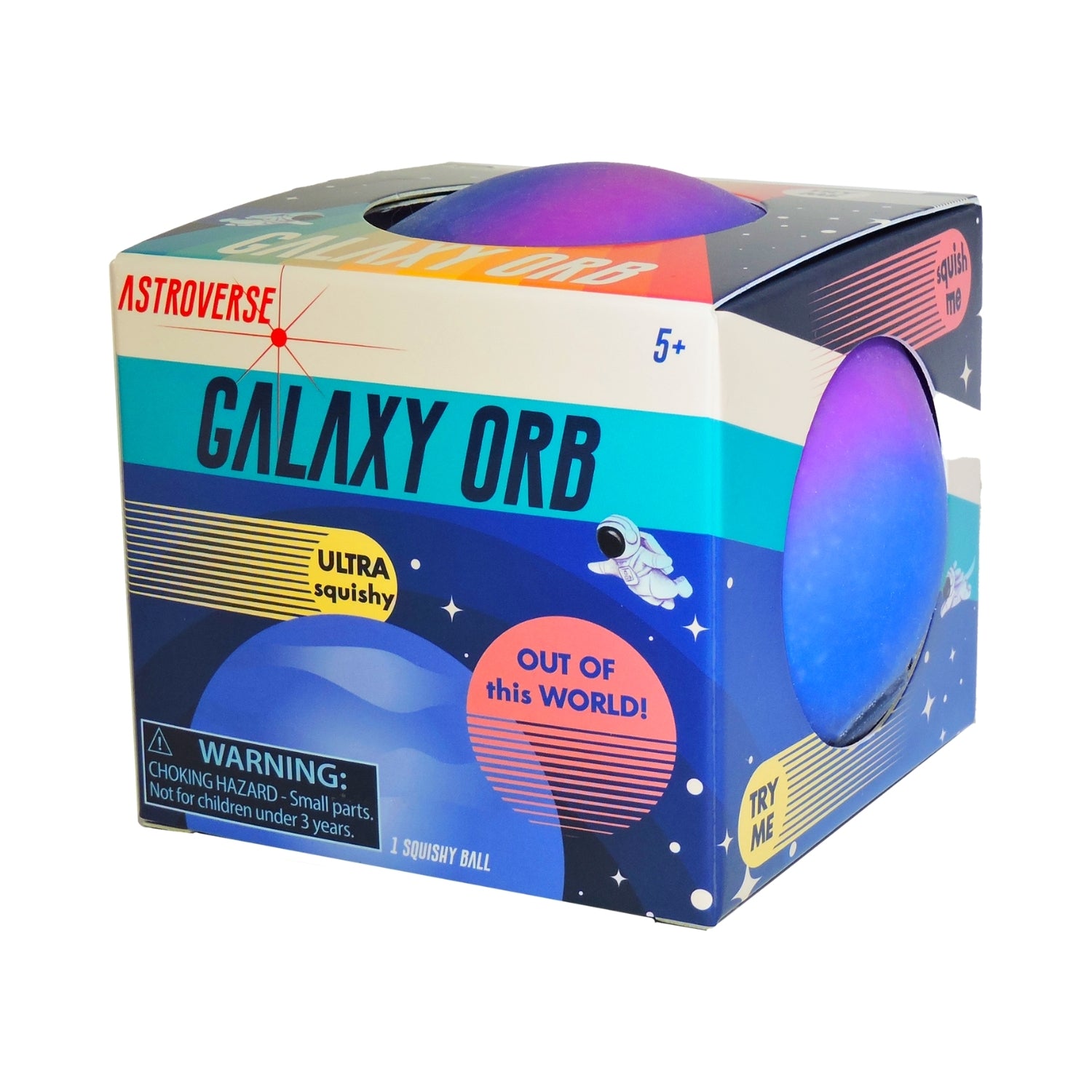 The Astroverse Galaxy Orb by Astroverse is a squishy, galaxy-themed sensory toy in a colorful box with stars, an astronaut, and a small parts warning. Designed for ages 5+, it's great for stress relief and fidget fun.
