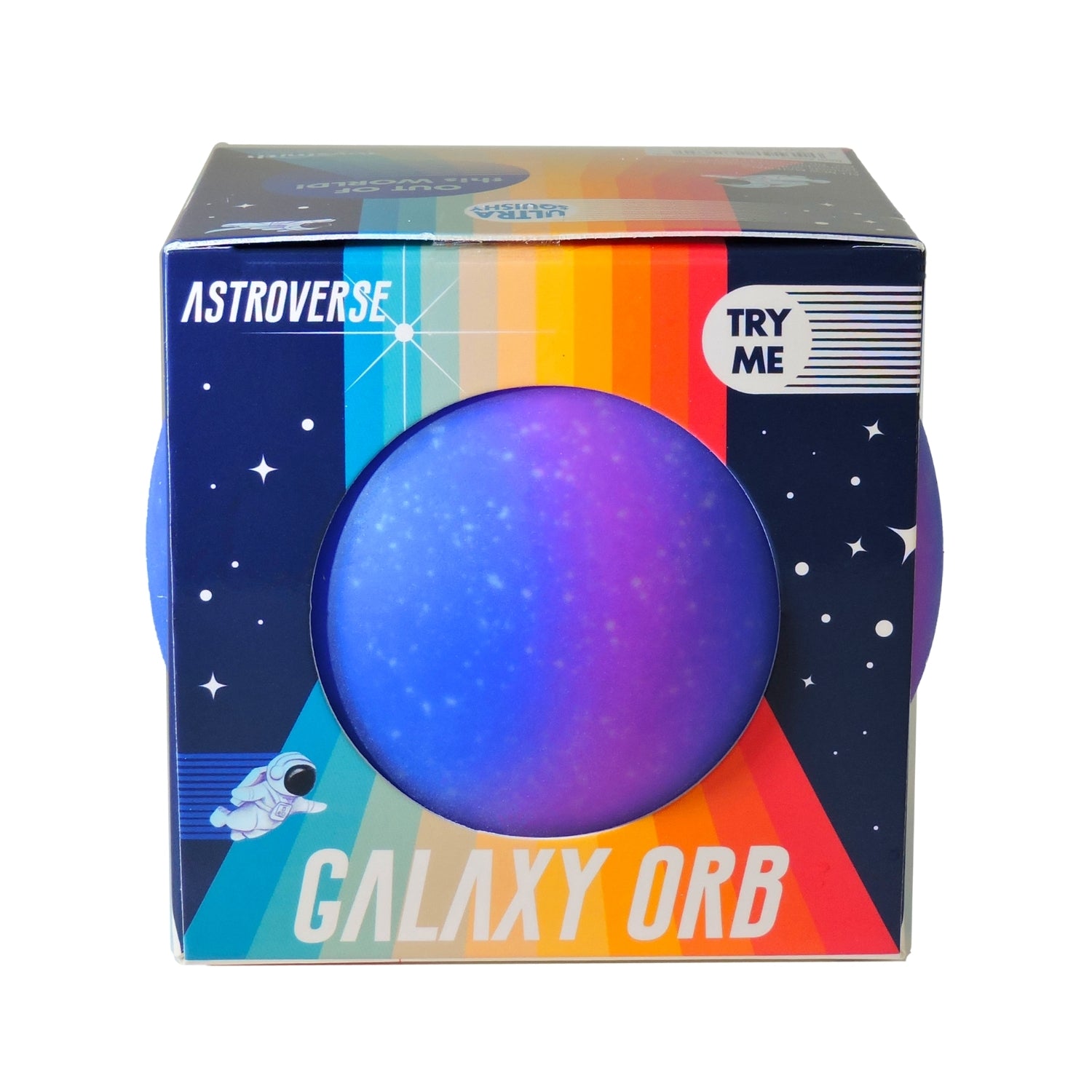 The Astroverse Galaxy Orb by Astroverse is a boxed sensory toy featuring a round blue-purple orb visible through a window, rainbow stripes, stars, an astronaut graphic, and a "Try Me" label for interactive stress relief.