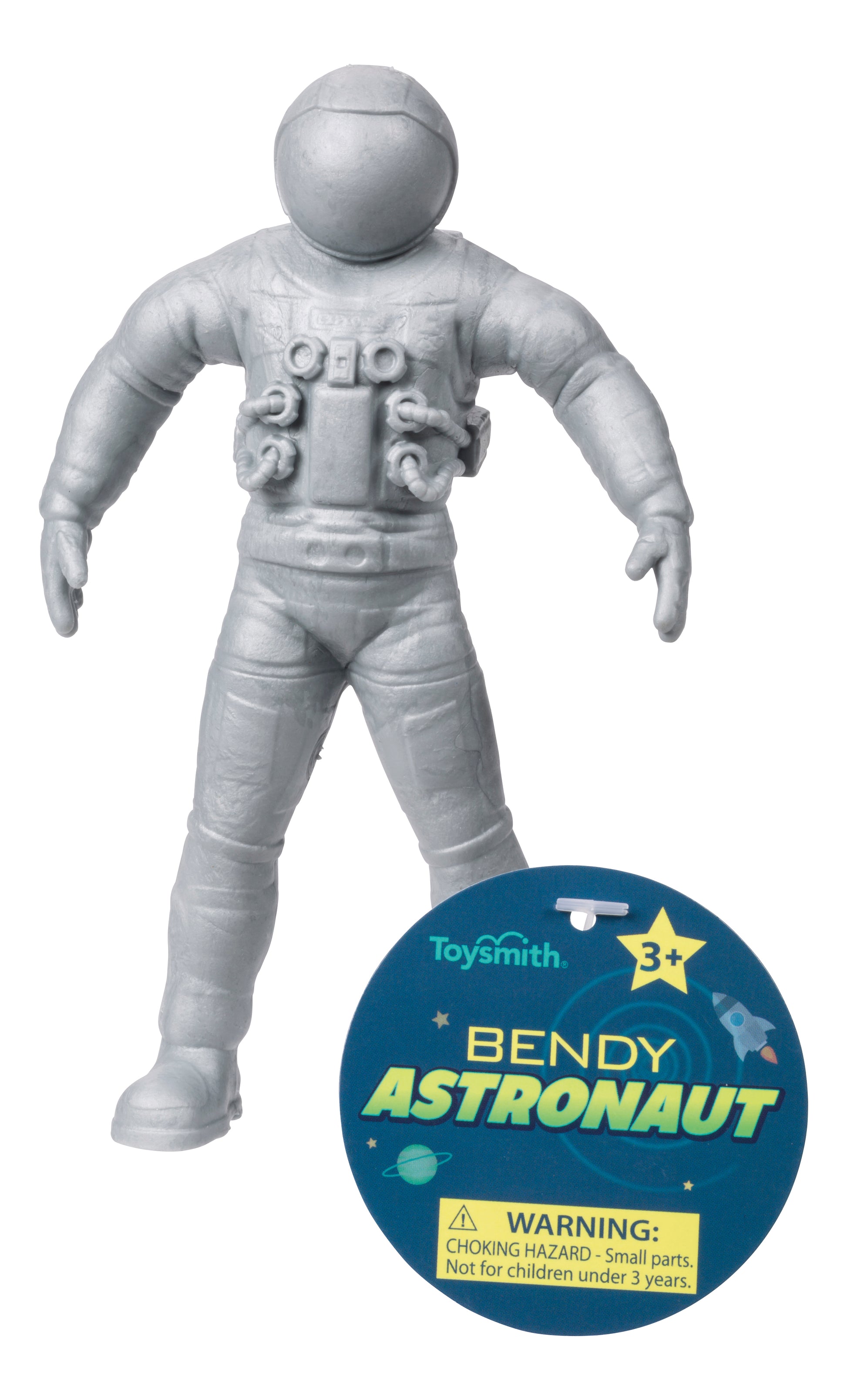 A gray, flexible Toysmith Bendy Astronaut by Astroverse stands upright with bent arms; a front label shows the name, notes it's for ages 3+, and includes a small parts choking hazard warning.