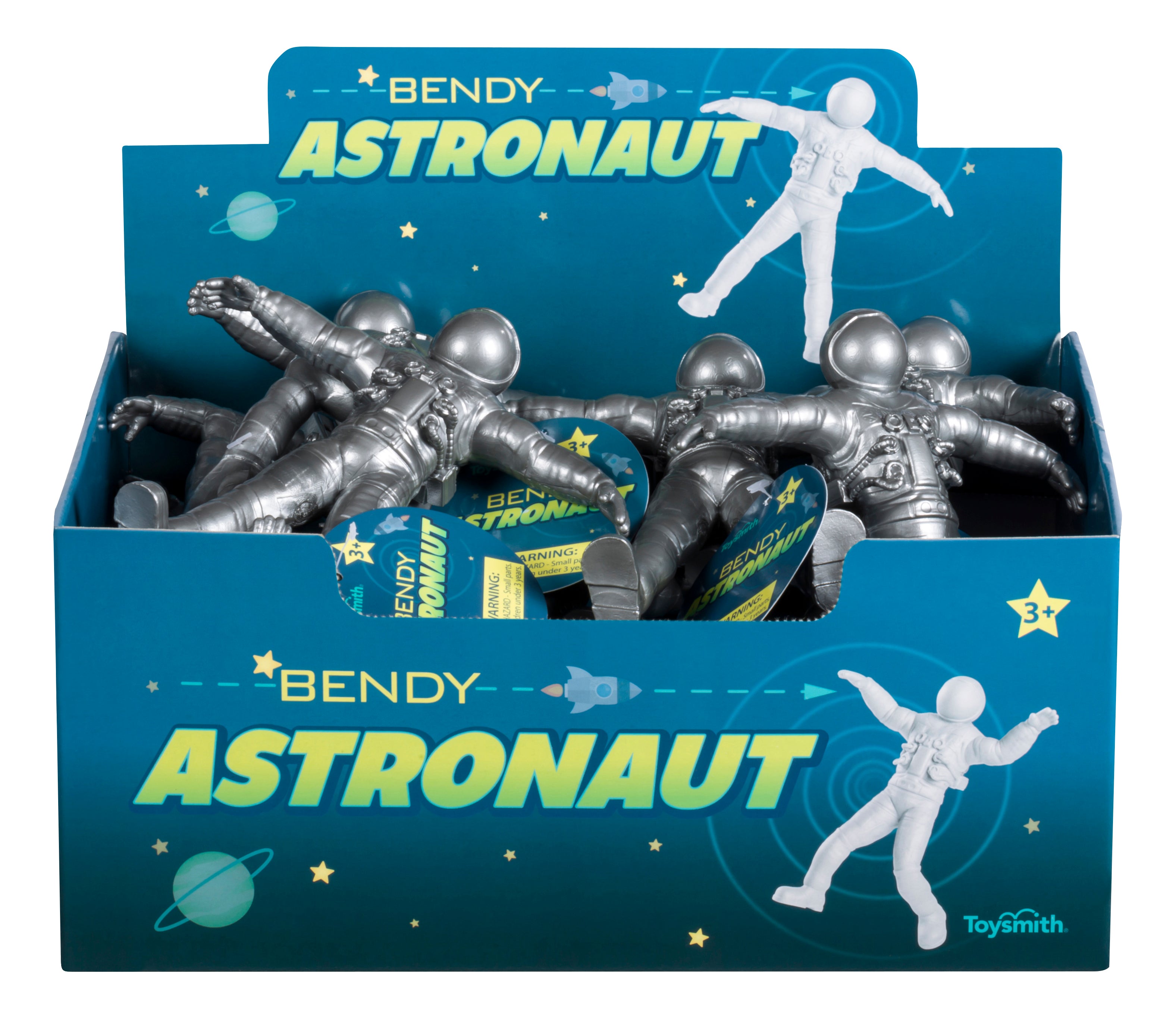 A blue Astroverse display box labeled Toysmith Bendy Astronaut holds several silver bendable astronaut figures. The space-themed box shows planets, stars, a rocket, and is suitable for ages 3 and up.