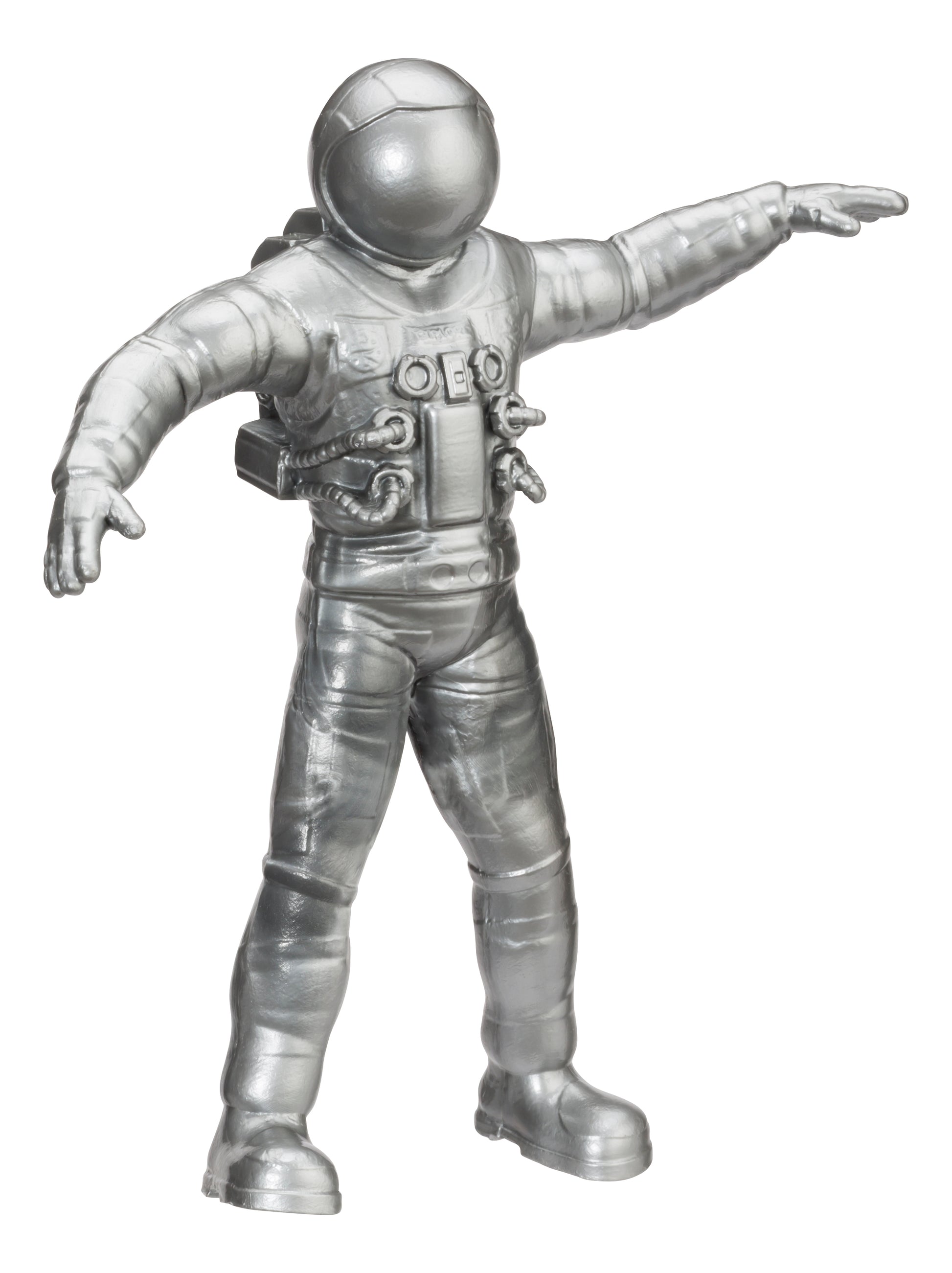 The Astroverse Toysmith Bendy Astronaut is a silver figurine in a detailed space suit with outstretched arms and no facial features, adding a futuristic look to your collection.